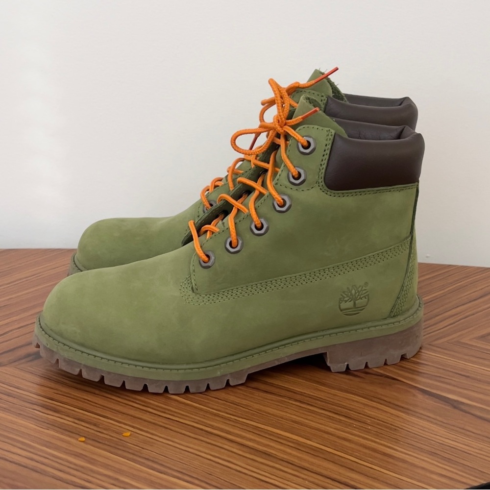 Timberland Olive Boots with Bright Orange Laces
